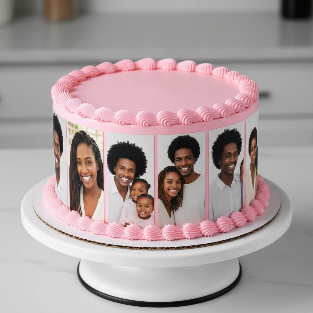 Cake with pink frosting and family photos on a white cake stand.