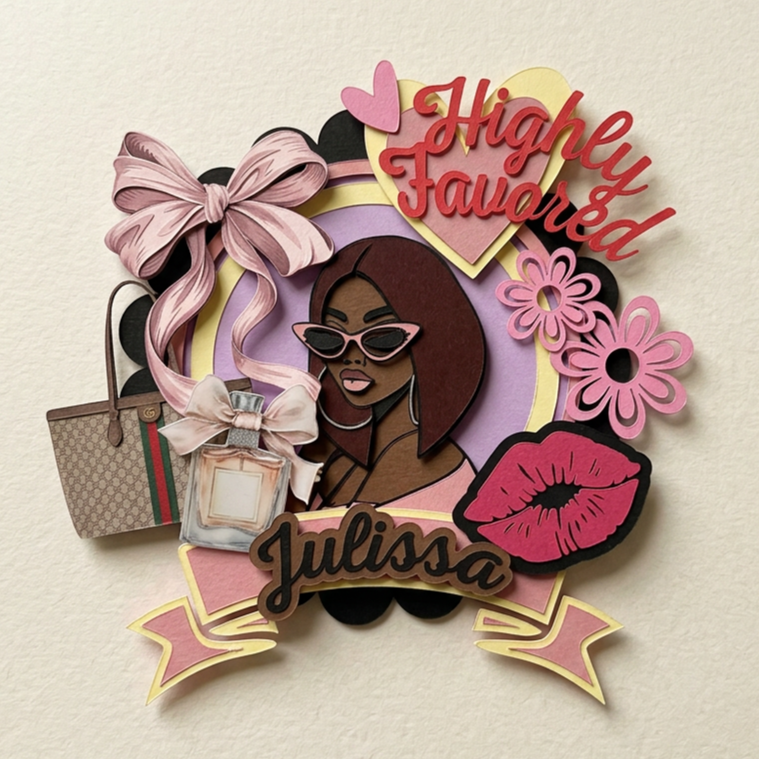 Decorative design with a woman's face, accessories, and text on a beige background