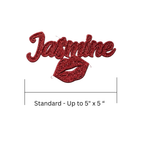 Red glittery 'Jatmine' with lips design on a white background