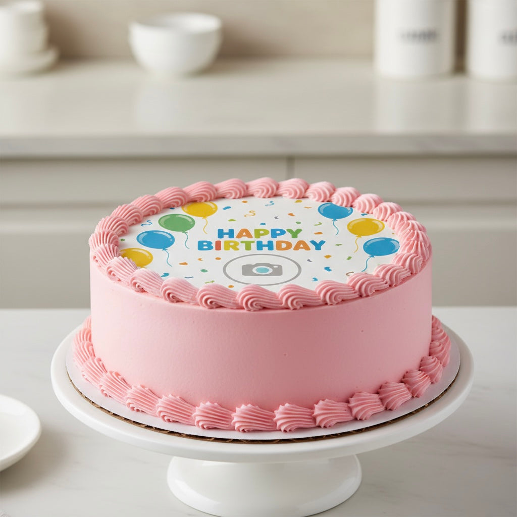 Pink birthday cake with 'Happy Birthday' topper on a white cake stand.