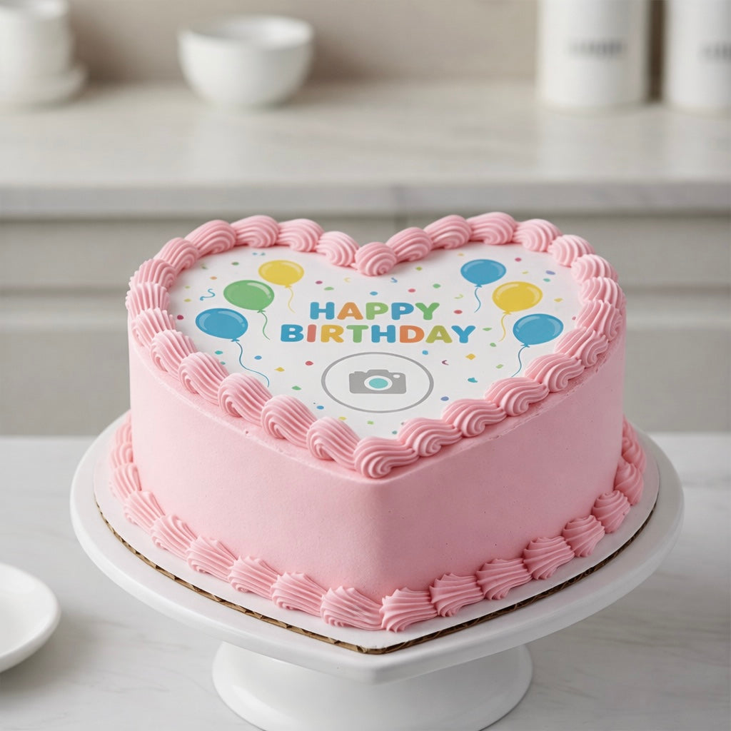Heart-shaped birthday cake with pink frosting and 'Happy Birthday' text on a white surface.