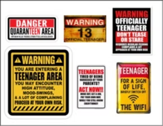 Collection of humorous warning signs targeting teenagers with various messages.