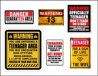 Collection of humorous warning signs targeting teenagers with various messages.