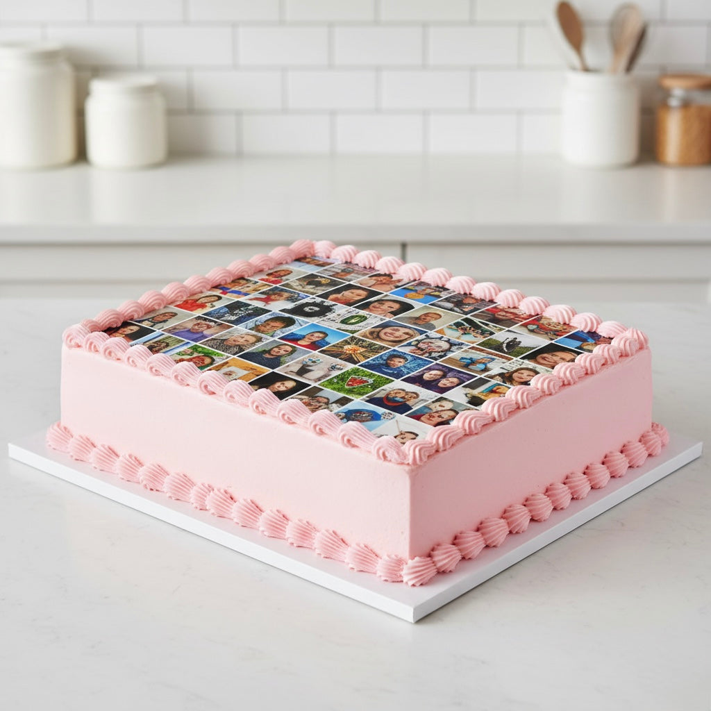 Square pink cake with photo collage on top in a kitchen setting